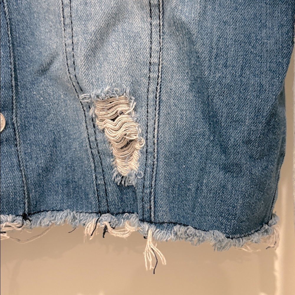 [Thrill Jeans] Distressed Hooded Sweatshirt Button-Up Denim Jacket Women’s Sz M - Picture 5 of 14